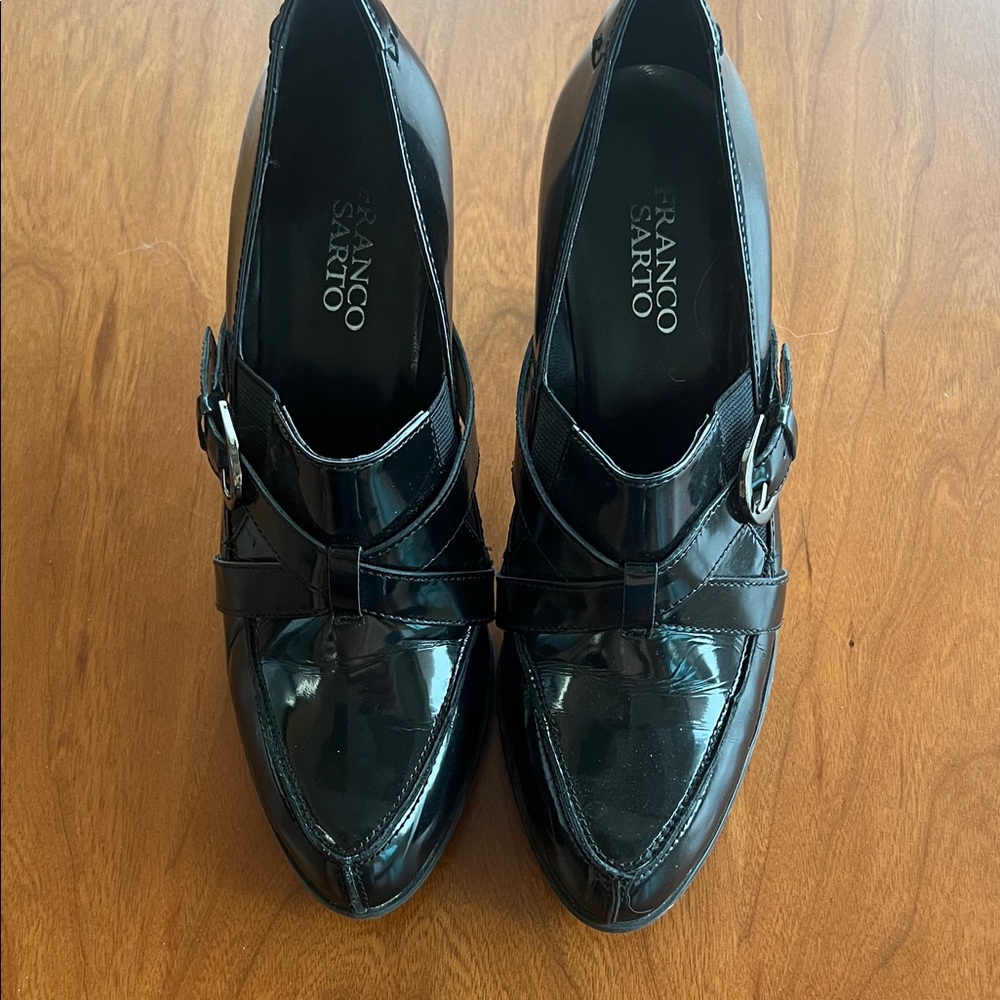 Franco Sarto Black Patent Leather Pointed Loafers with Buckle, 3 " heel